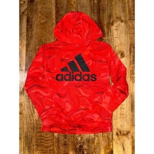 Adidas Kids Red Black Wavy Graphic Logo Fleece Hoodie Size Large 14/16
